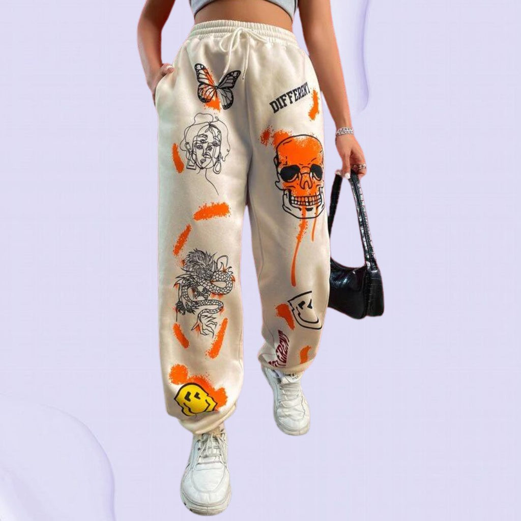 Women’s Trendy Graffiti Printed Jogger Pants | High Waist Casual Streetwear Trousers | Stylish Lounge & Travel Wear