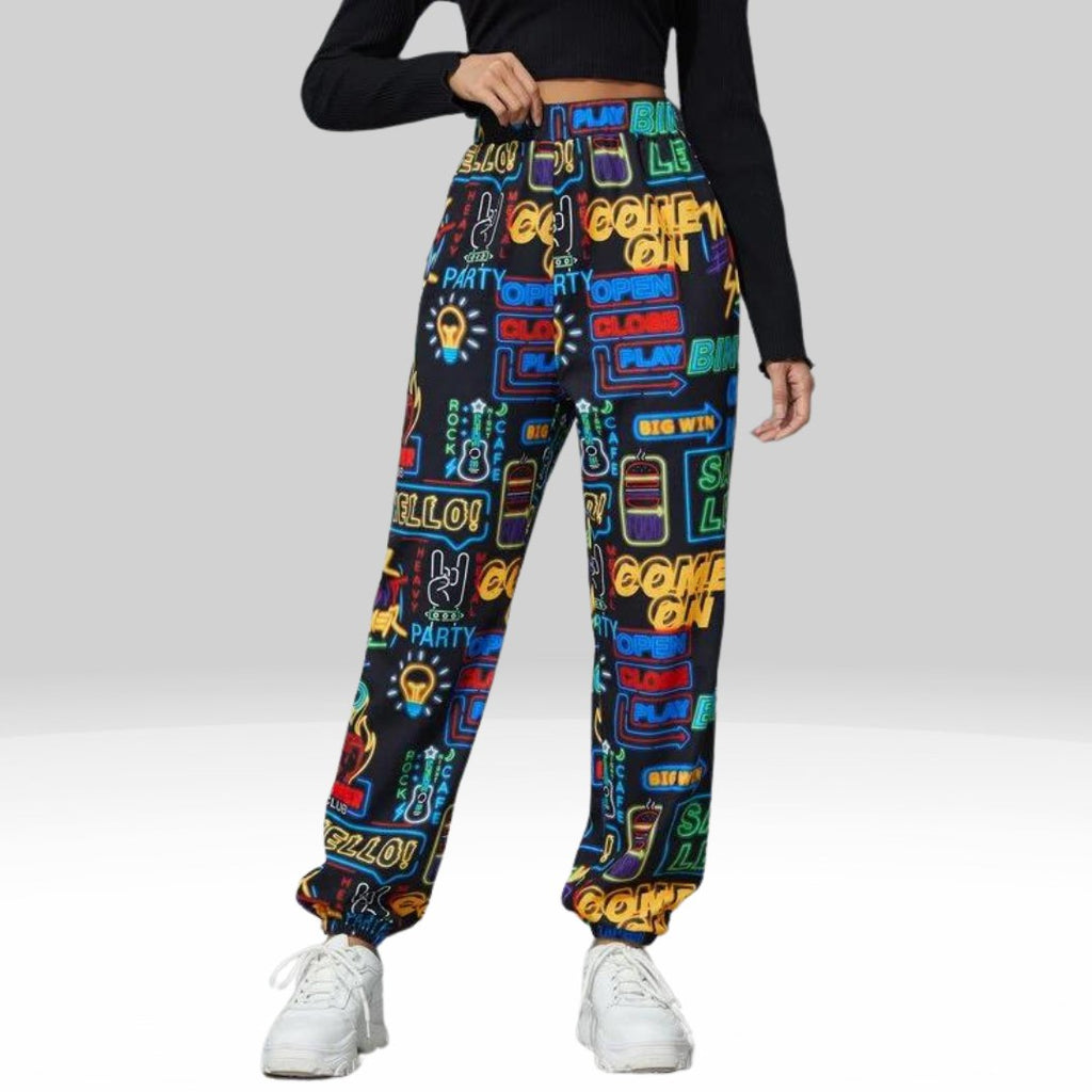 Women’s Neon Graphic Printed Jogger Pants | High Waist Street Style Trousers | Trendy Casual & Party Wear Bottoms