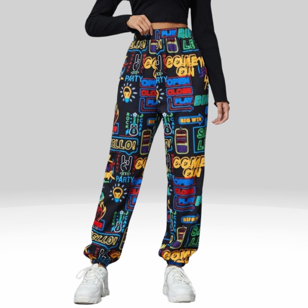 Women’s Neon Graphic Printed Jogger Pants | High Waist Street Style Trousers | Trendy Casual & Party Wear Bottoms