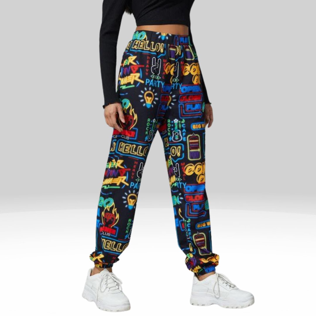 Women’s Neon Graphic Printed Jogger Pants | High Waist Street Style Trousers | Trendy Casual & Party Wear Bottoms