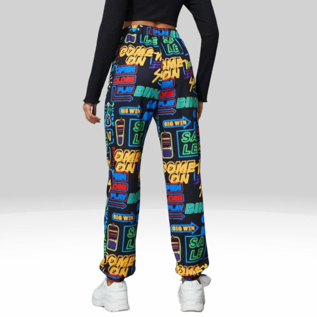 Women’s Neon Graphic Printed Jogger Pants | High Waist Street Style Trousers | Trendy Casual & Party Wear Bottoms