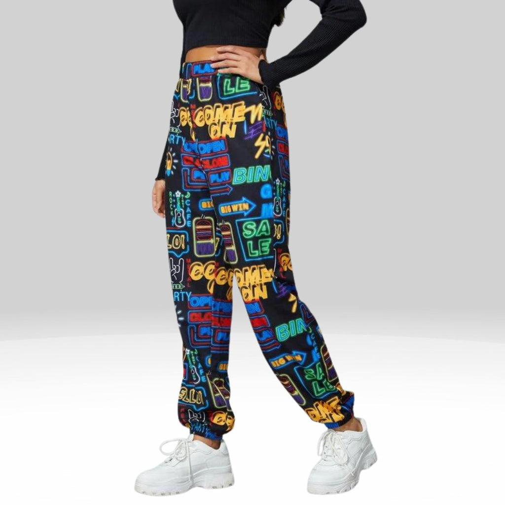 Women’s Neon Graphic Printed Jogger Pants | High Waist Street Style Trousers | Trendy Casual & Party Wear Bottoms