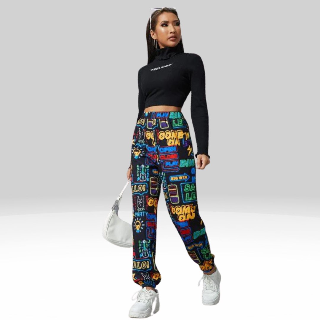 Women’s Neon Graphic Printed Jogger Pants | High Waist Street Style Trousers | Trendy Casual & Party Wear Bottoms