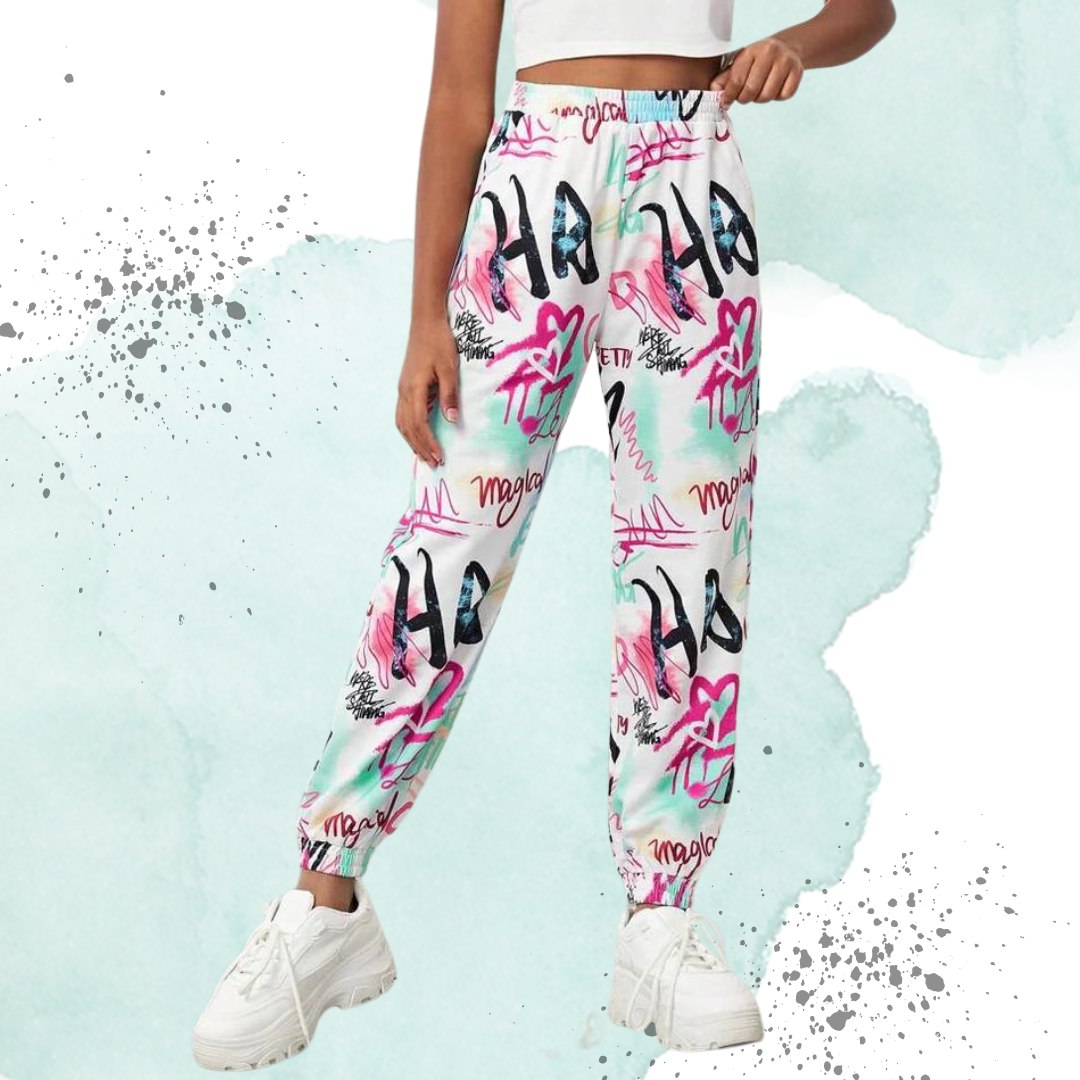 Women’s Trendy Multicolor Graffiti Printed Jogger Pants | High Waist Casual Street Style Trousers | Stylish Daily & Travel Wear