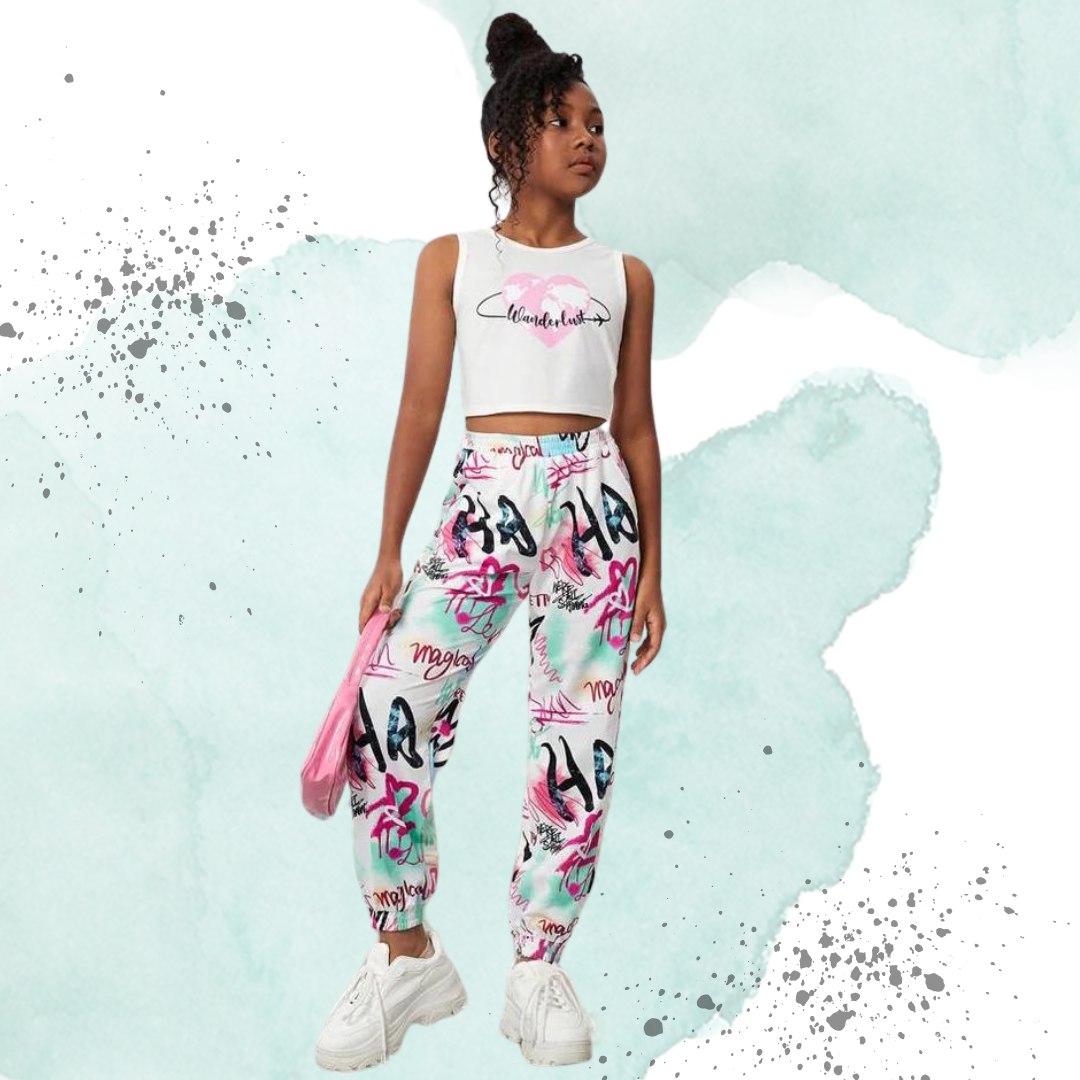 Women’s Trendy Multicolor Graffiti Printed Jogger Pants | High Waist Casual Street Style Trousers | Stylish Daily & Travel Wear