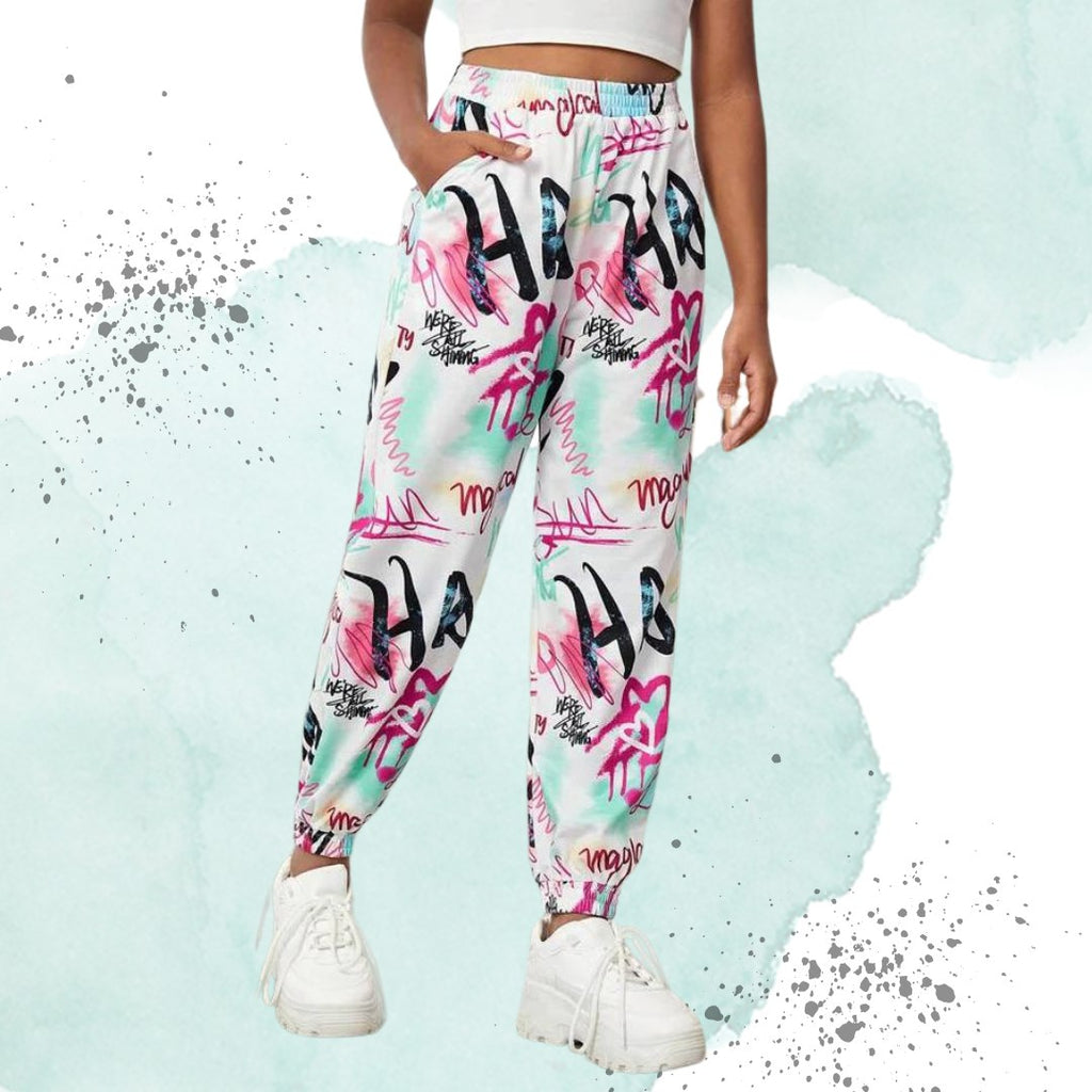 Women’s Trendy Multicolor Graffiti Printed Jogger Pants | High Waist Casual Street Style Trousers | Stylish Daily & Travel Wear