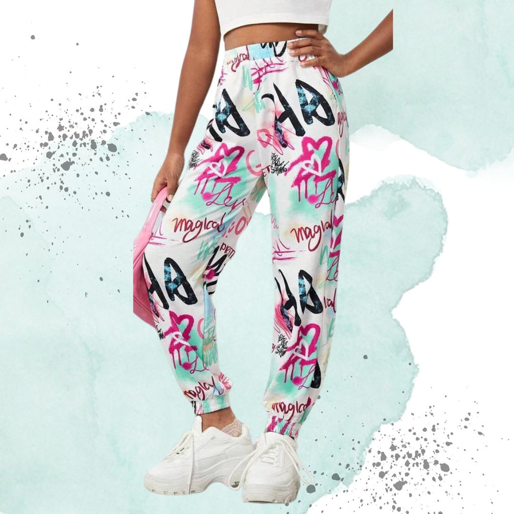 Women’s Trendy Multicolor Graffiti Printed Jogger Pants | High Waist Casual Street Style Trousers | Stylish Daily & Travel Wear