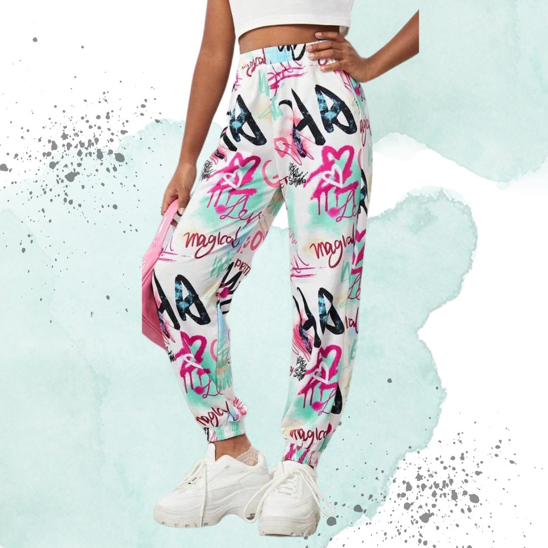 Women’s Trendy Multicolor Graffiti Printed Jogger Pants | High Waist Casual Street Style Trousers | Stylish Daily & Travel Wear