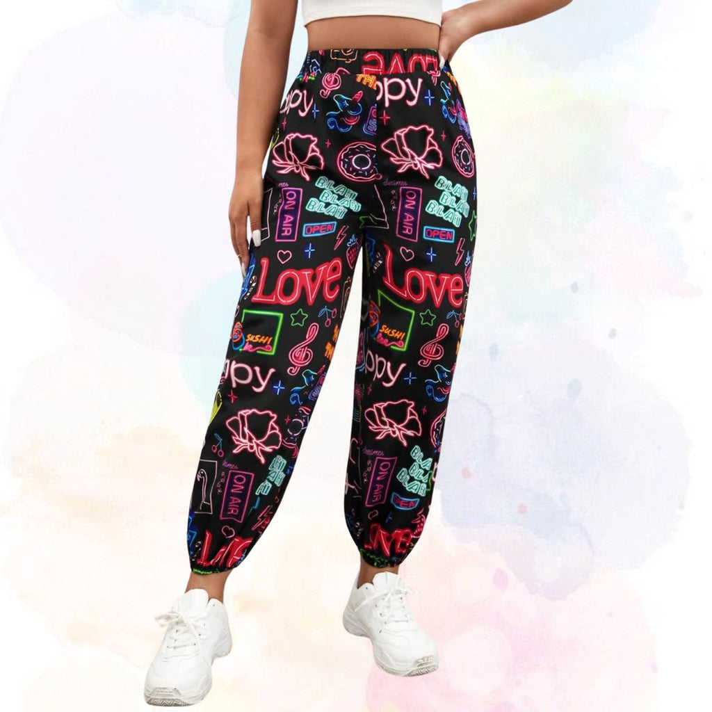 Women’s Neon Love Graffiti Printed Jogger Pants | High Waist Street Style Trousers | Trendy Casual & Party Wear Bottoms