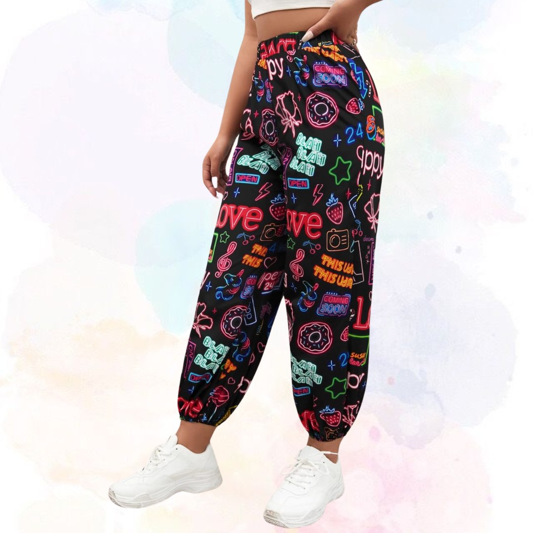 Women’s Neon Love Graffiti Printed Jogger Pants | High Waist Street Style Trousers | Trendy Casual & Party Wear Bottoms