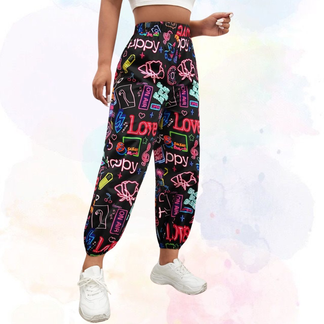 Women’s Neon Love Graffiti Printed Jogger Pants | High Waist Street Style Trousers | Trendy Casual & Party Wear Bottoms