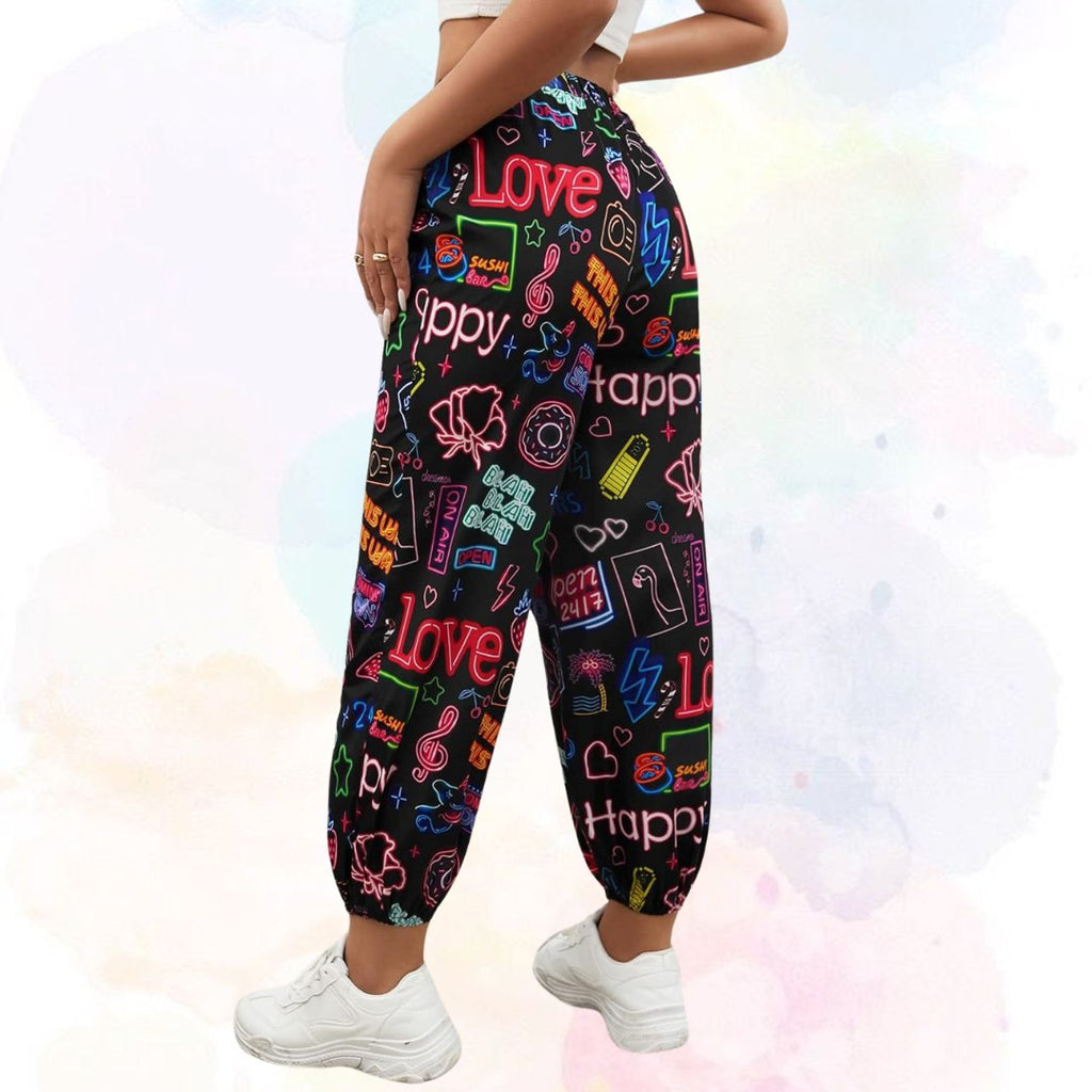 Women’s Neon Love Graffiti Printed Jogger Pants | High Waist Street Style Trousers | Trendy Casual & Party Wear Bottoms