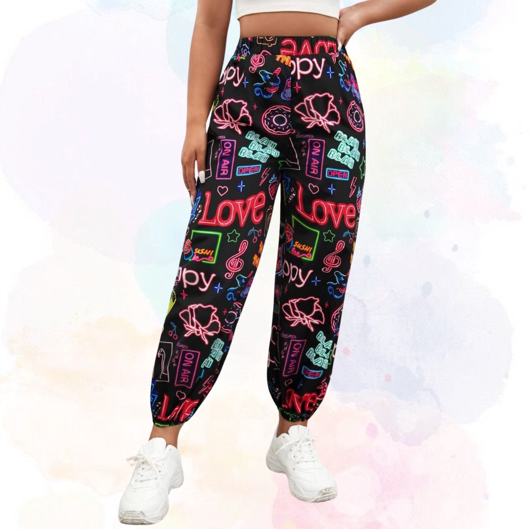 Women’s Neon Love Graffiti Printed Jogger Pants | High Waist Street Style Trousers | Trendy Casual & Party Wear Bottoms