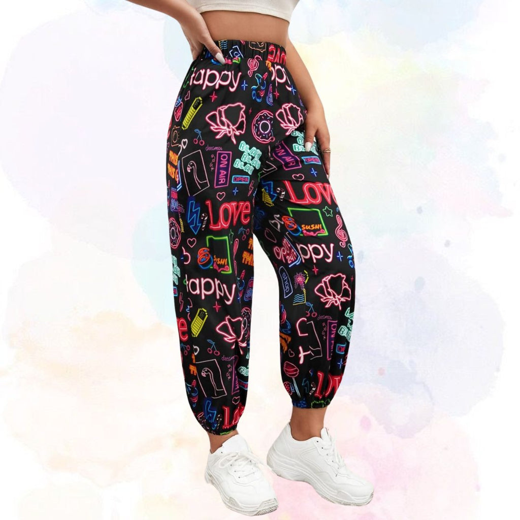 Women’s Neon Love Graffiti Printed Jogger Pants | High Waist Street Style Trousers | Trendy Casual & Party Wear Bottoms