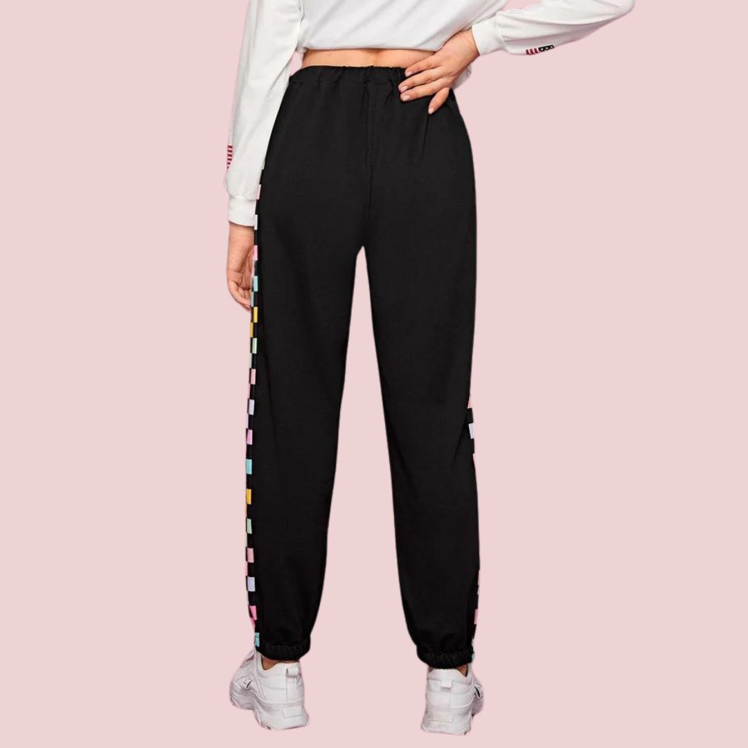 Women’s Solid Black Jogger Pants with Multicolor Side Stripe | High Waist Casual Track Pants | Trendy Street Style & Lounge Wear