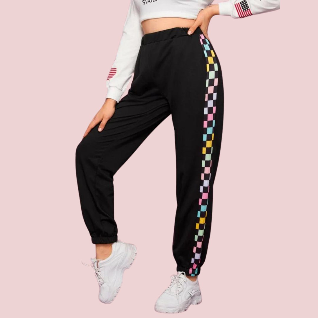 Women’s Solid Black Jogger Pants with Multicolor Side Stripe | High Waist Casual Track Pants | Trendy Street Style & Lounge Wear