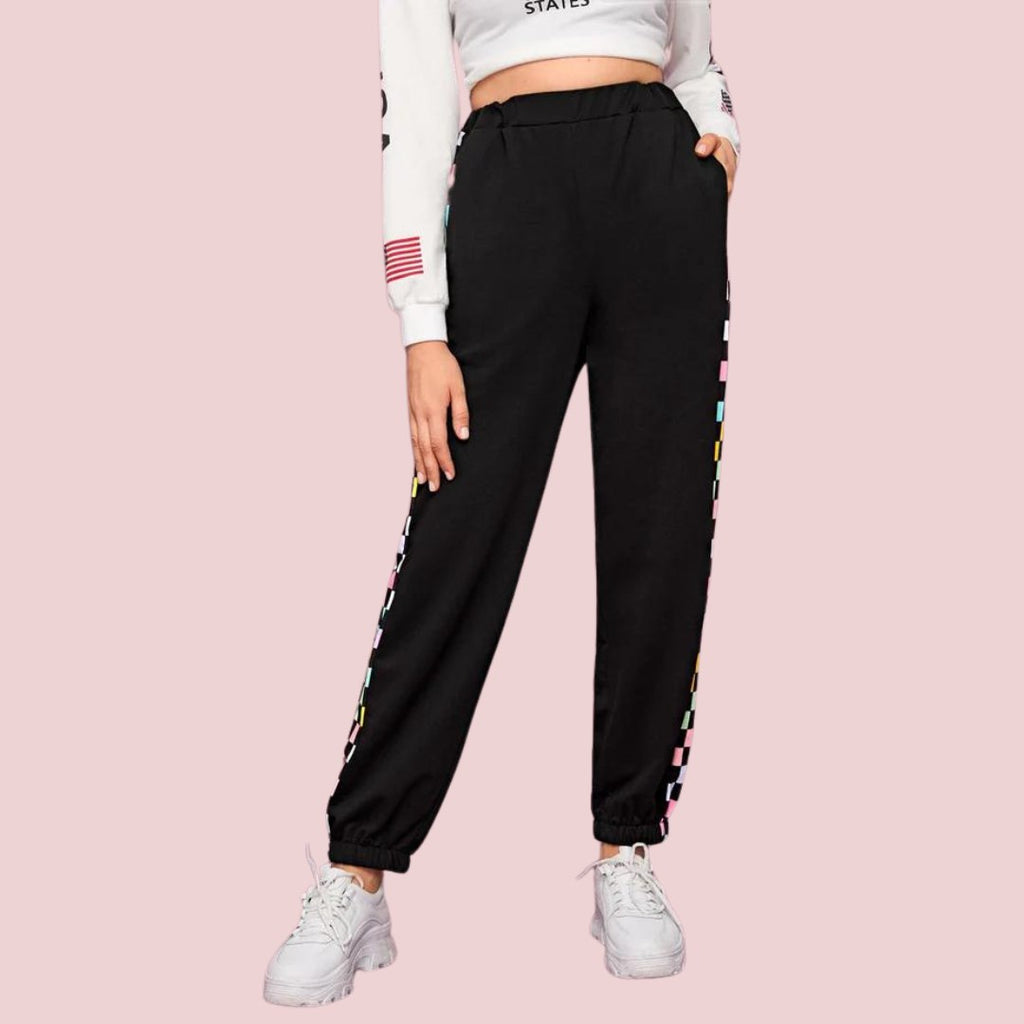 Women’s Solid Black Jogger Pants with Multicolor Side Stripe | High Waist Casual Track Pants | Trendy Street Style & Lounge Wear