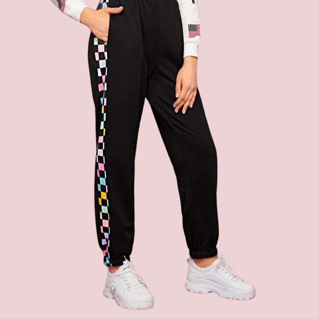 Women’s Solid Black Jogger Pants with Multicolor Side Stripe | High Waist Casual Track Pants | Trendy Street Style & Lounge Wear