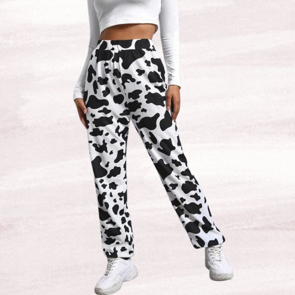 Women’s Black & White Cow Print Jogger Pants | High Waist Casual Trousers | Trendy Street Style & Lounge Wear Bottoms
