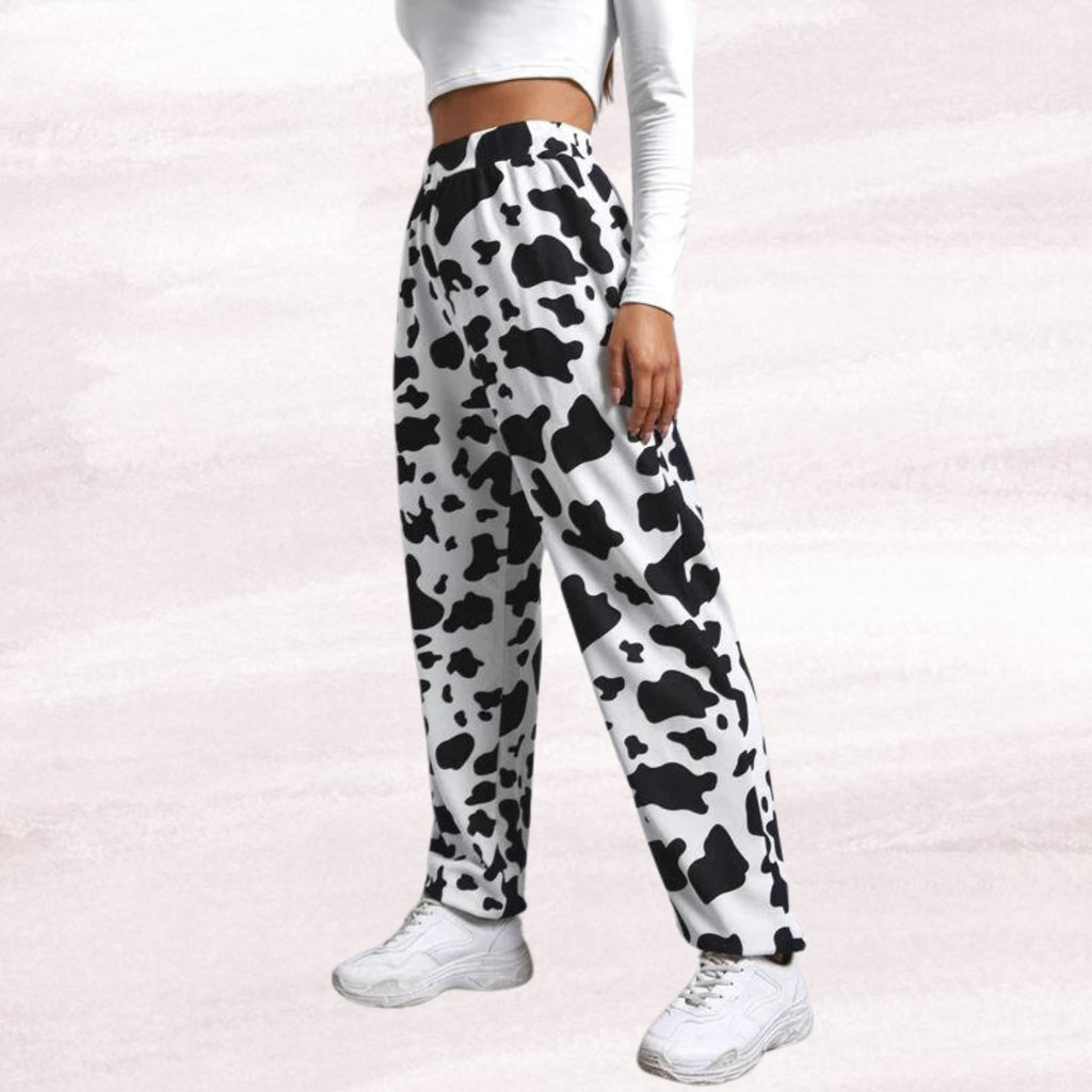 Women’s Black & White Cow Print Jogger Pants | High Waist Casual Trousers | Trendy Street Style & Lounge Wear Bottoms