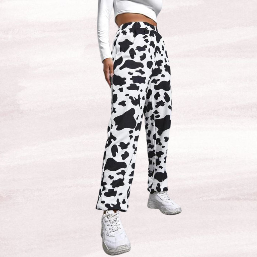 Women’s Black & White Cow Print Jogger Pants | High Waist Casual Trousers | Trendy Street Style & Lounge Wear Bottoms
