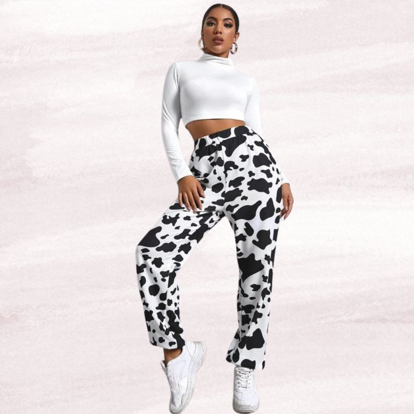 Women’s Black & White Cow Print Jogger Pants | High Waist Casual Trousers | Trendy Street Style & Lounge Wear Bottoms