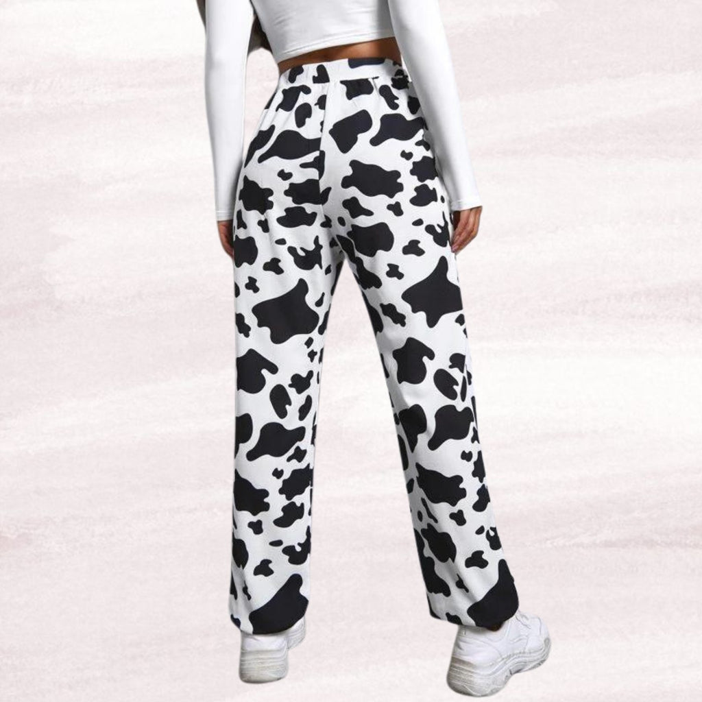 Women’s Black & White Cow Print Jogger Pants | High Waist Casual Trousers | Trendy Street Style & Lounge Wear Bottoms