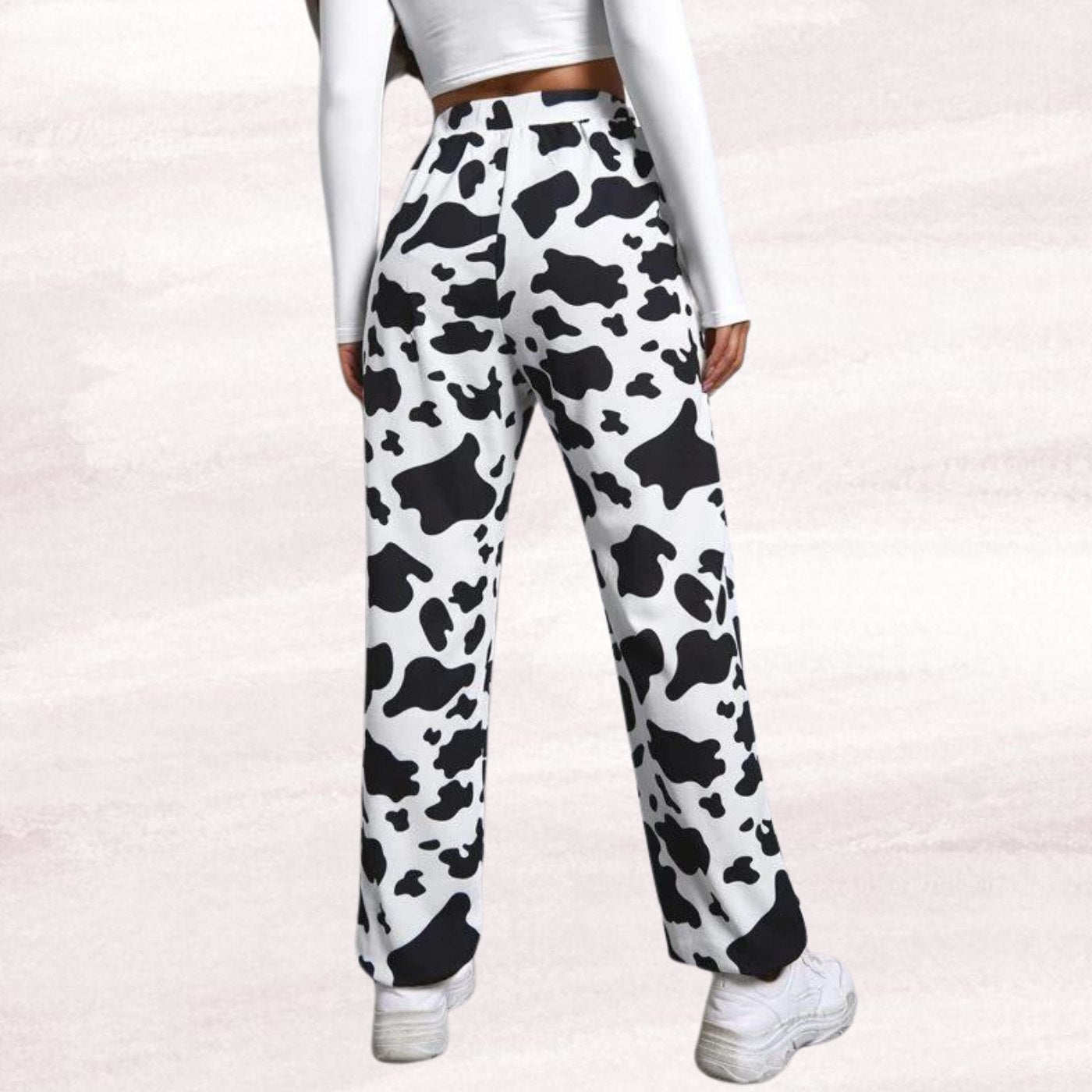 Women’s Black & White Cow Print Jogger Pants | High Waist Casual Trousers | Trendy Street Style & Lounge Wear Bottoms