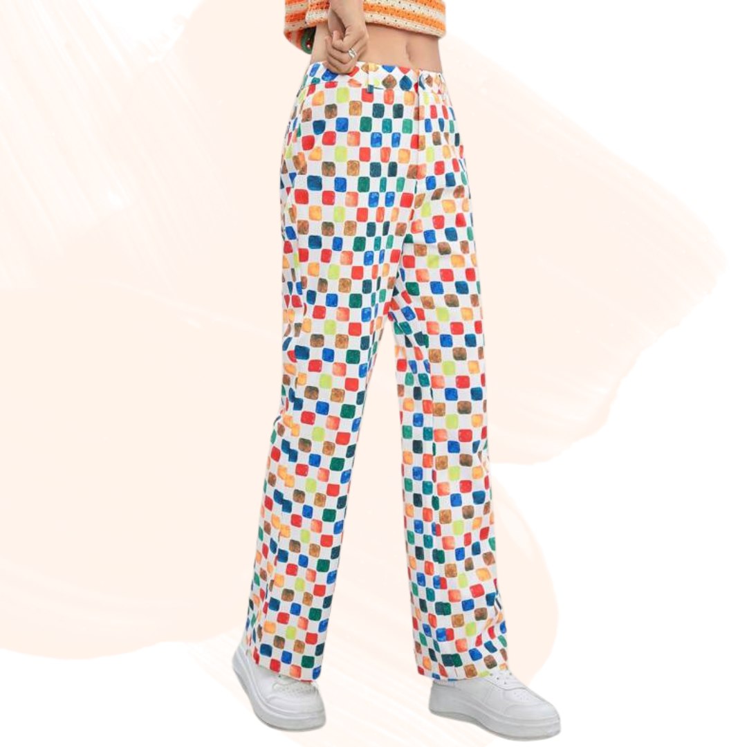 Women’s Multicolor Geometric Printed Straight Fit Pants | High Waist Casual Trousers | Trendy Daily & Travel Wear Bottoms