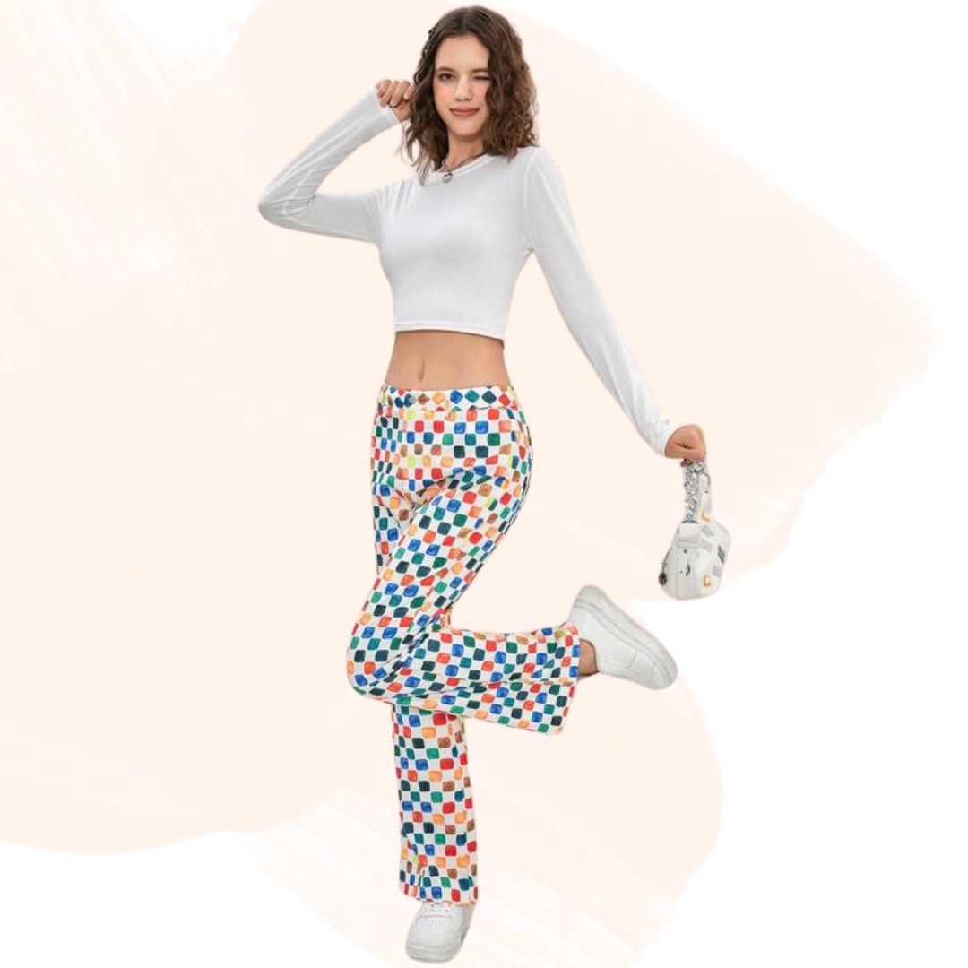 Women’s Multicolor Geometric Printed Straight Fit Pants | High Waist Casual Trousers | Trendy Daily & Travel Wear Bottoms