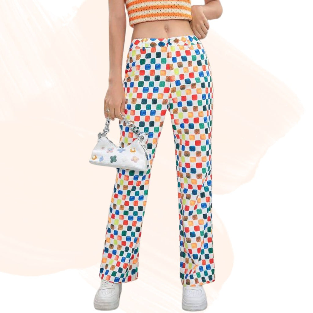 Women’s Multicolor Geometric Printed Straight Fit Pants | High Waist Casual Trousers | Trendy Daily & Travel Wear Bottoms