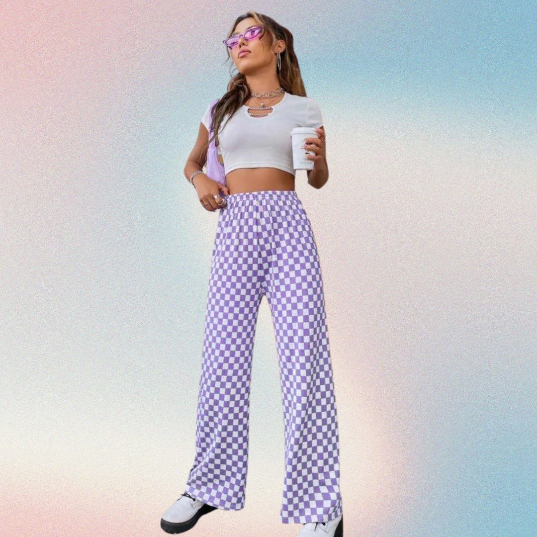Women’s Lavender Checkered Wide Leg Pants | High Waist Casual Trousers | Trendy Street Style & Lounge Wear Bottoms