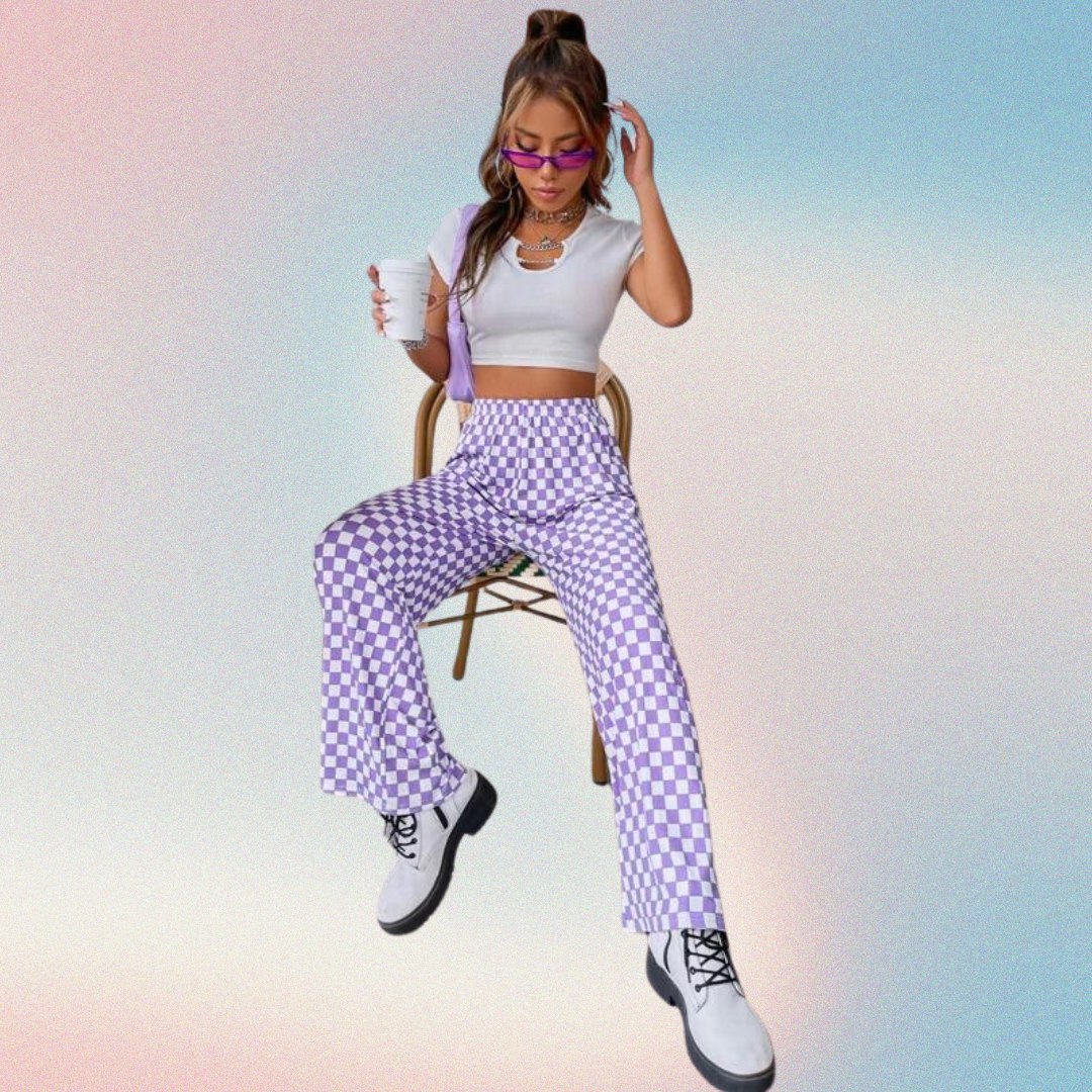 Women’s Lavender Checkered Wide Leg Pants | High Waist Casual Trousers | Trendy Street Style & Lounge Wear Bottoms