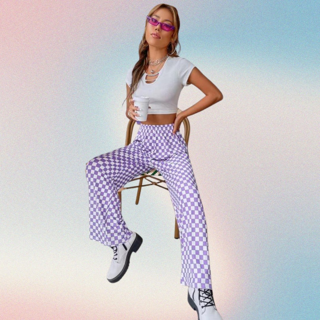 Women’s Lavender Checkered Wide Leg Pants | High Waist Casual Trousers | Trendy Street Style & Lounge Wear Bottoms