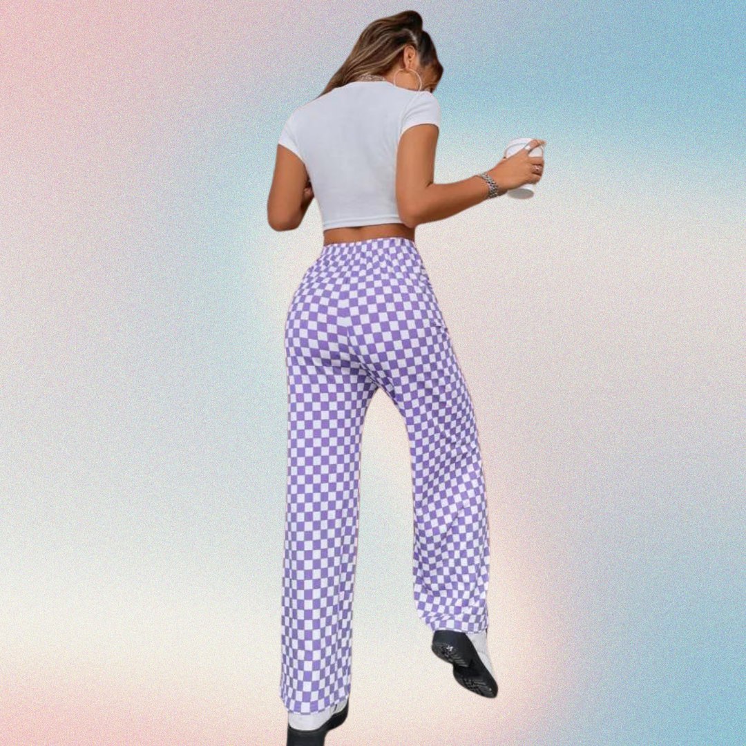 Women’s Lavender Checkered Wide Leg Pants | High Waist Casual Trousers | Trendy Street Style & Lounge Wear Bottoms