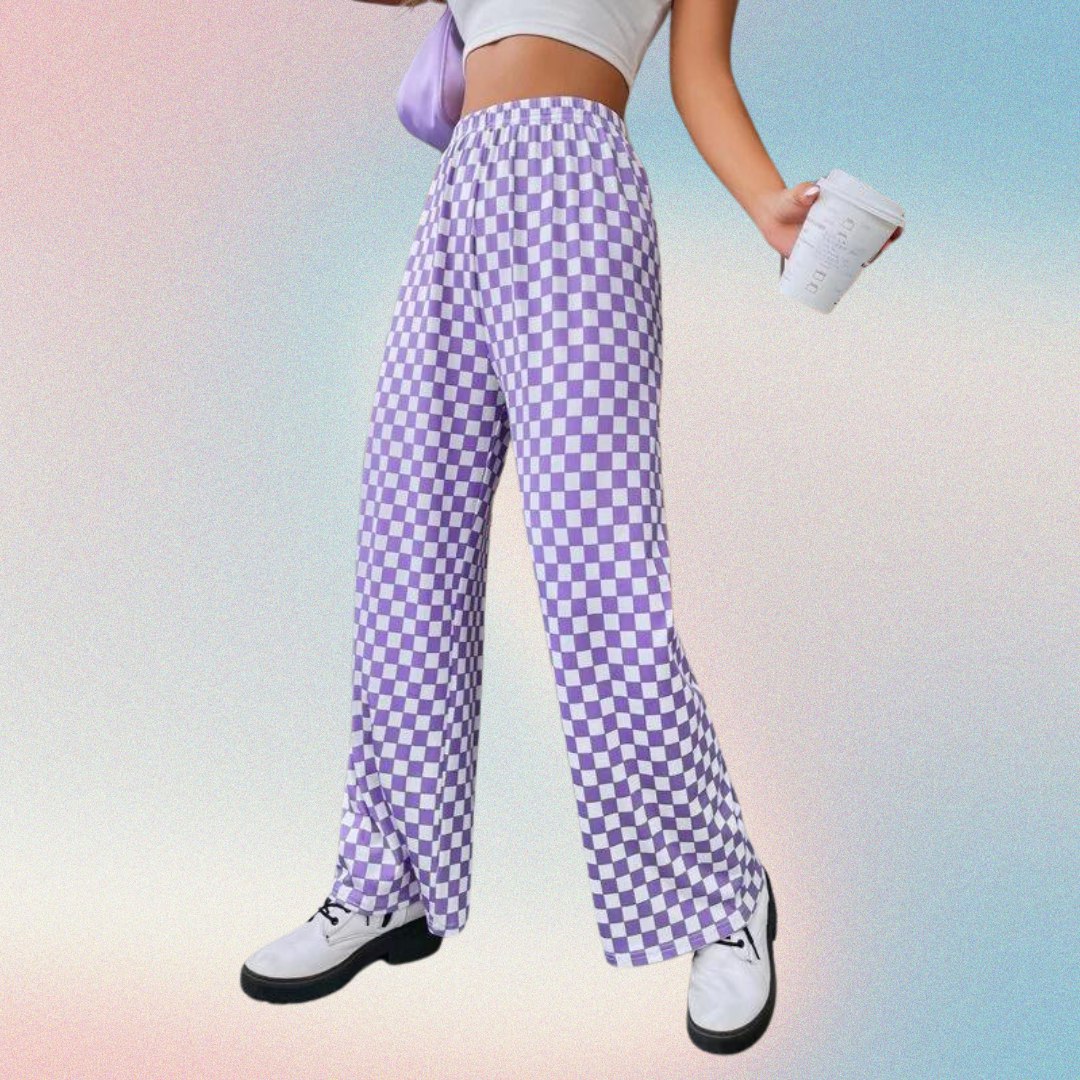 Women’s Lavender Checkered Wide Leg Pants | High Waist Casual Trousers | Trendy Street Style & Lounge Wear Bottoms