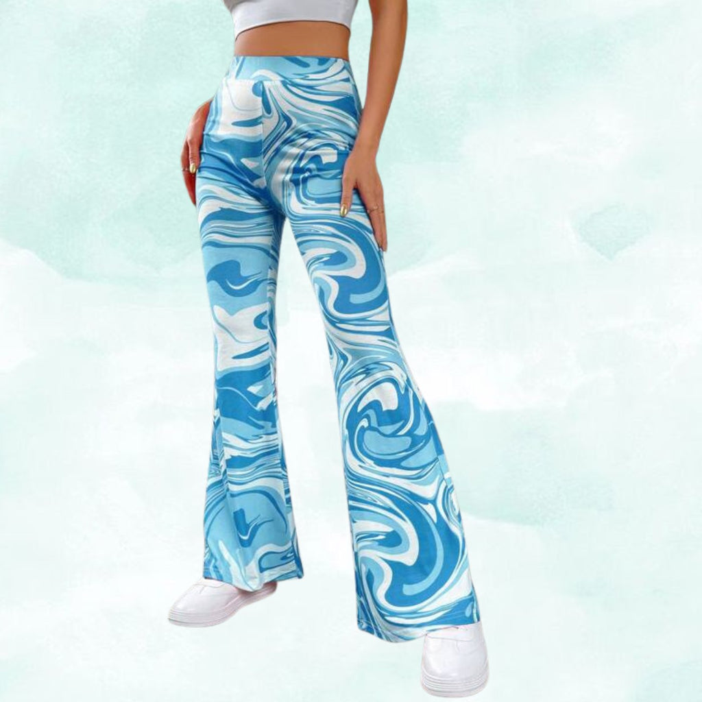 Women’s Blue Marble Print Flared Pants | High Waist Stretchable Bell Bottom Trousers | Trendy Street Style & Party Wear