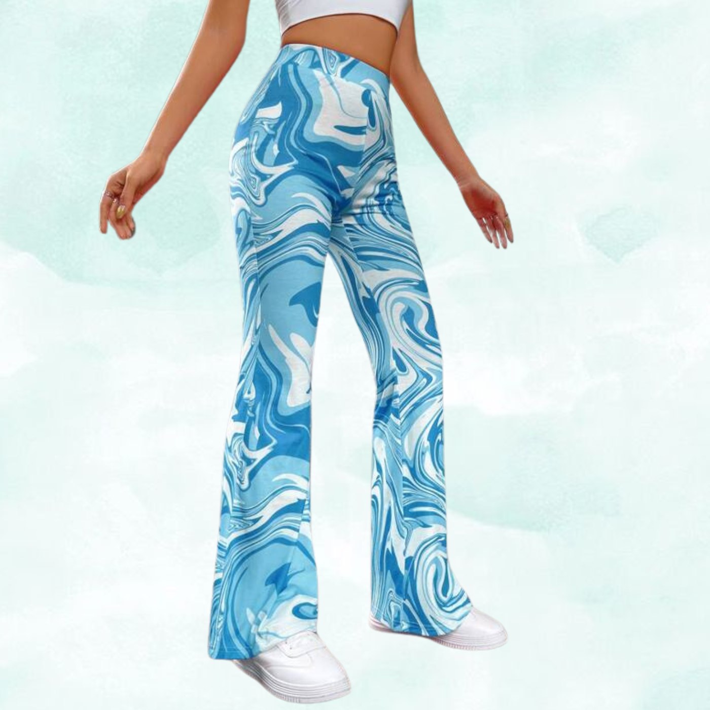 Women’s Blue Marble Print Flared Pants | High Waist Stretchable Bell Bottom Trousers | Trendy Street Style & Party Wear