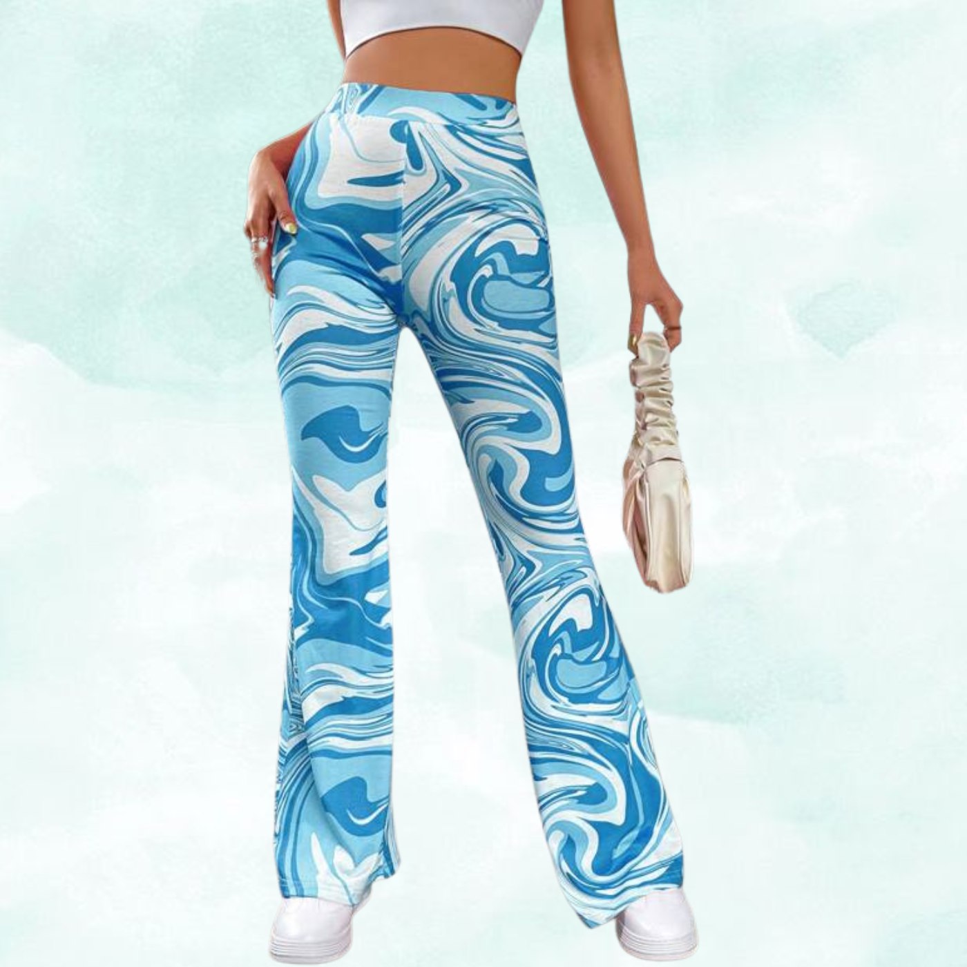 Women’s Blue Marble Print Flared Pants | High Waist Stretchable Bell Bottom Trousers | Trendy Street Style & Party Wear
