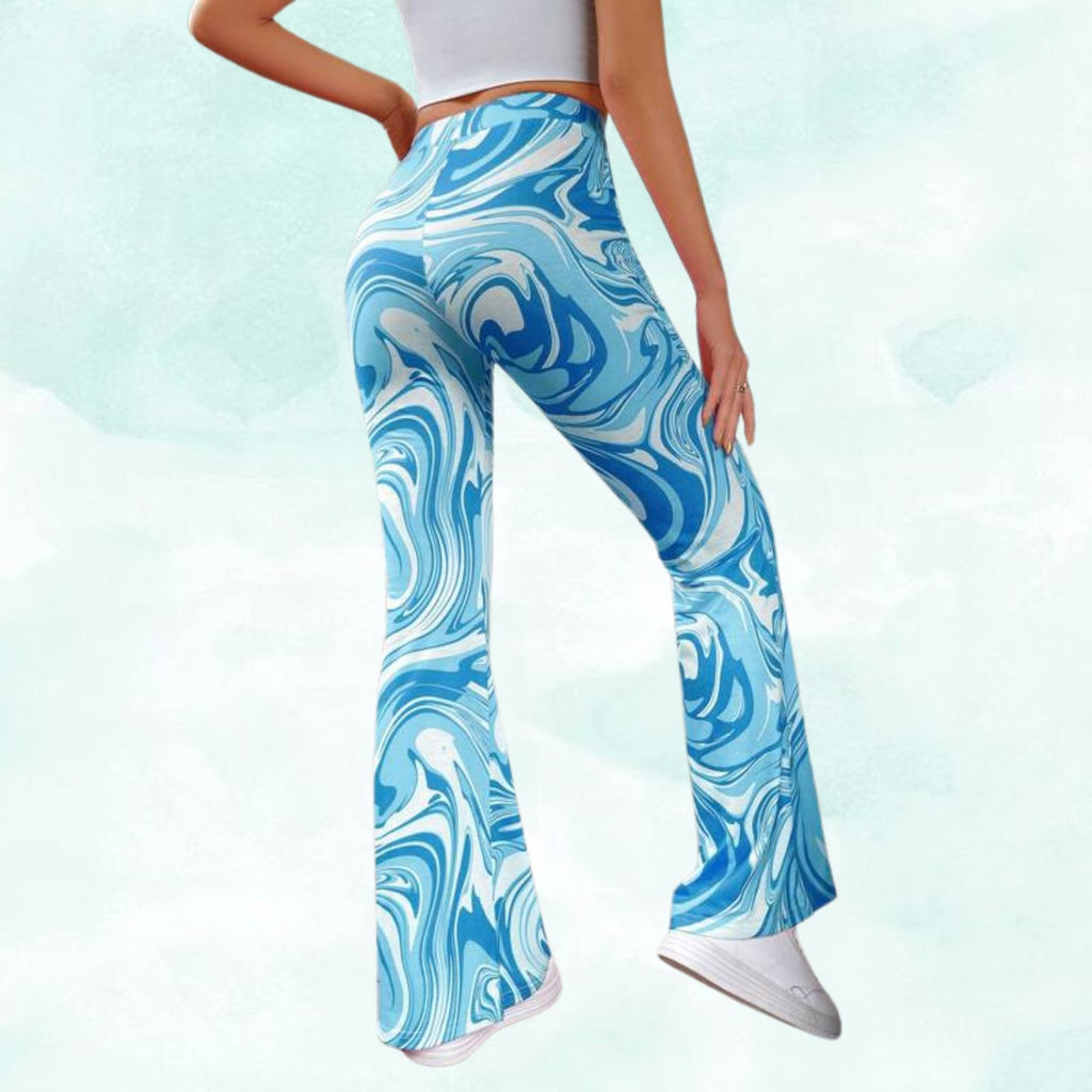 Women’s Blue Marble Print Flared Pants | High Waist Stretchable Bell Bottom Trousers | Trendy Street Style & Party Wear