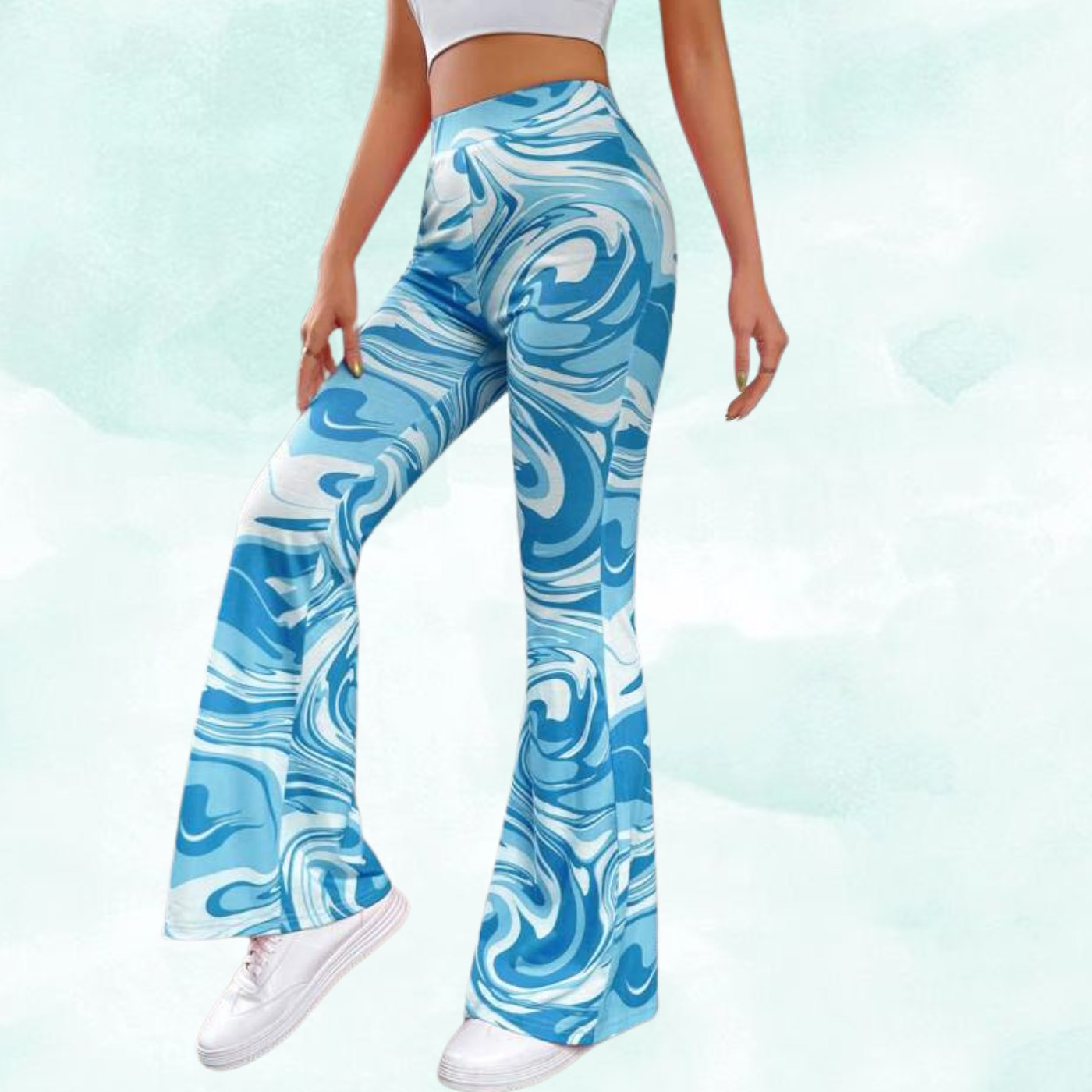 Women’s Blue Marble Print Flared Pants | High Waist Stretchable Bell Bottom Trousers | Trendy Street Style & Party Wear