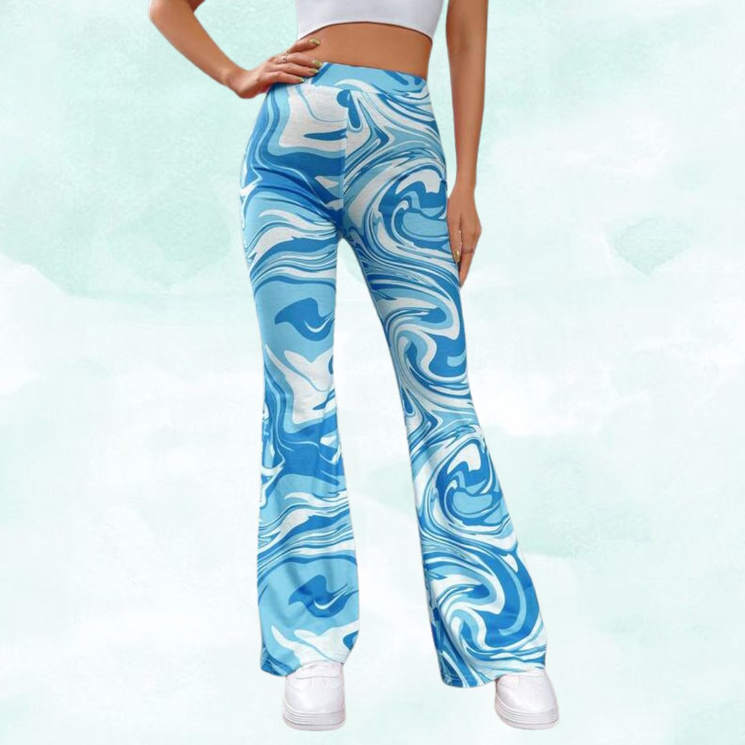 Women’s Blue Marble Print Flared Pants | High Waist Stretchable Bell Bottom Trousers | Trendy Street Style & Party Wear