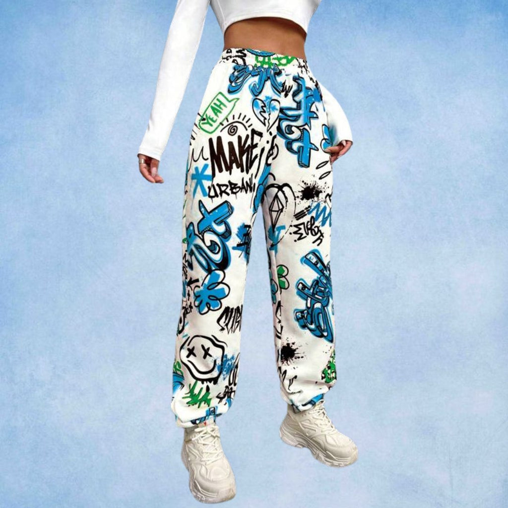 Women’s Urban Graffiti Printed Jogger Pants | High Waist Street Style Trousers | Trendy Casual & Travel Wear Bottoms