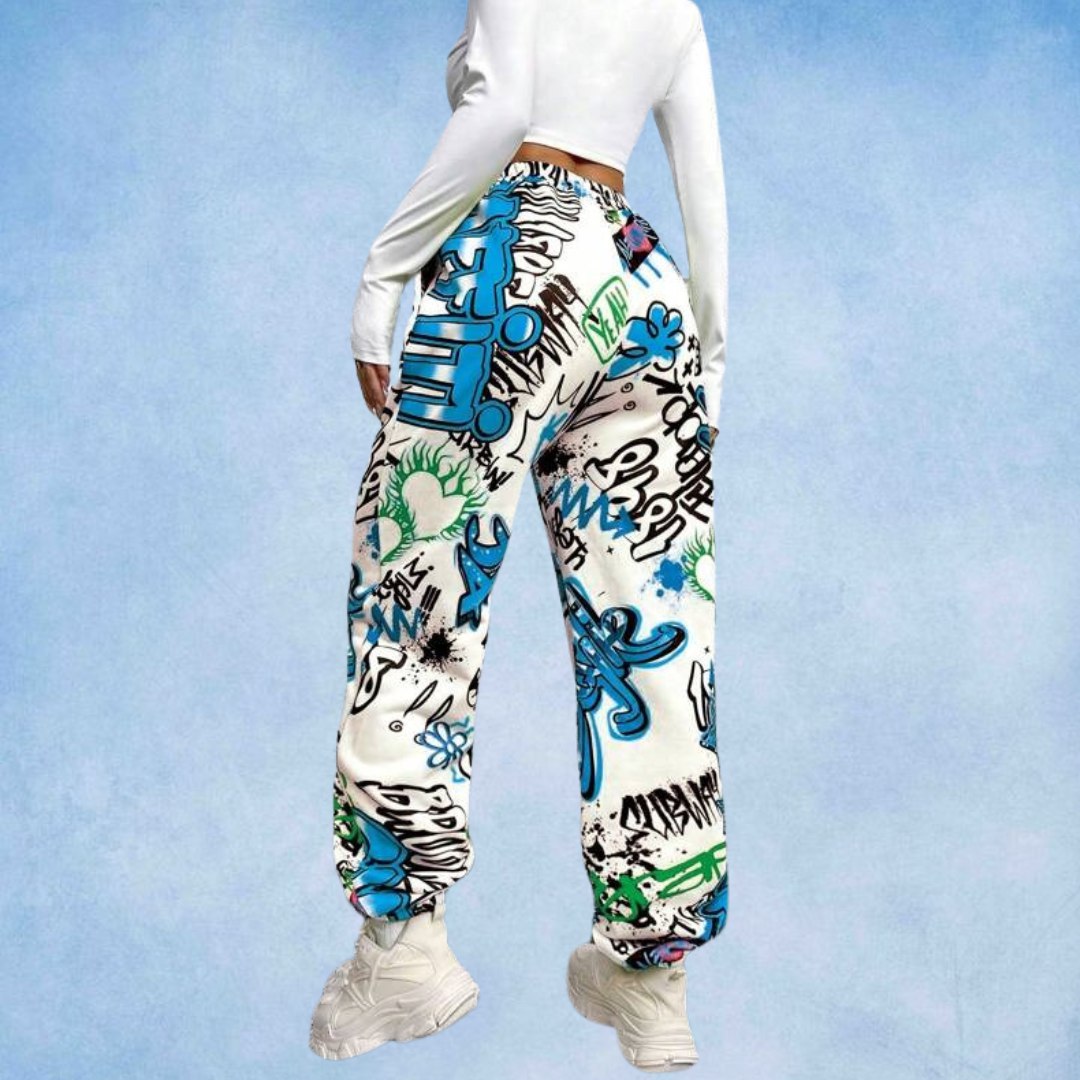 Women’s Urban Graffiti Printed Jogger Pants | High Waist Street Style Trousers | Trendy Casual & Travel Wear Bottoms