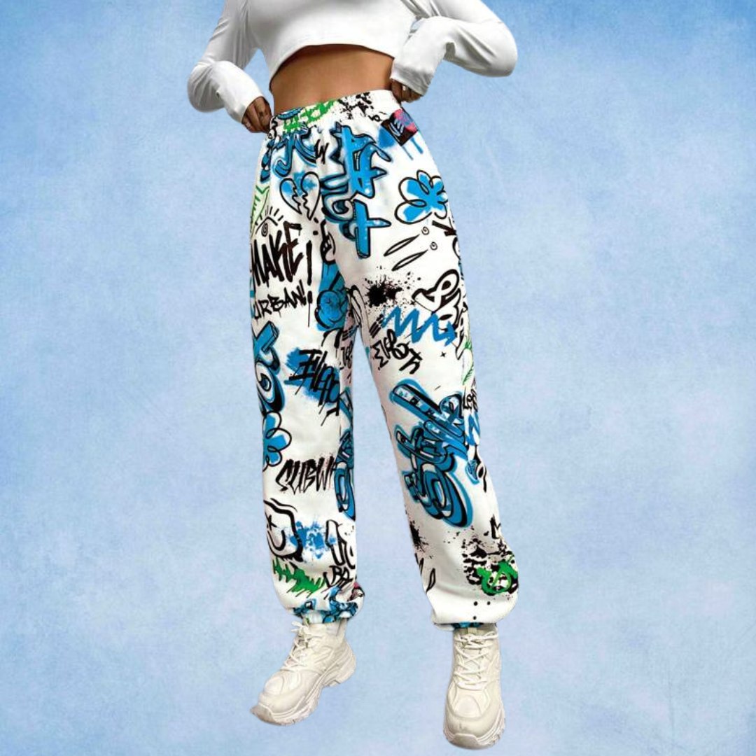 Women’s Urban Graffiti Printed Jogger Pants | High Waist Street Style Trousers | Trendy Casual & Travel Wear Bottoms