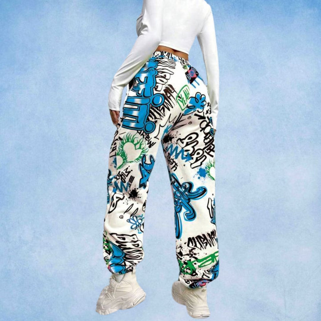 Women’s Urban Graffiti Printed Jogger Pants | High Waist Street Style Trousers | Trendy Casual & Travel Wear Bottoms