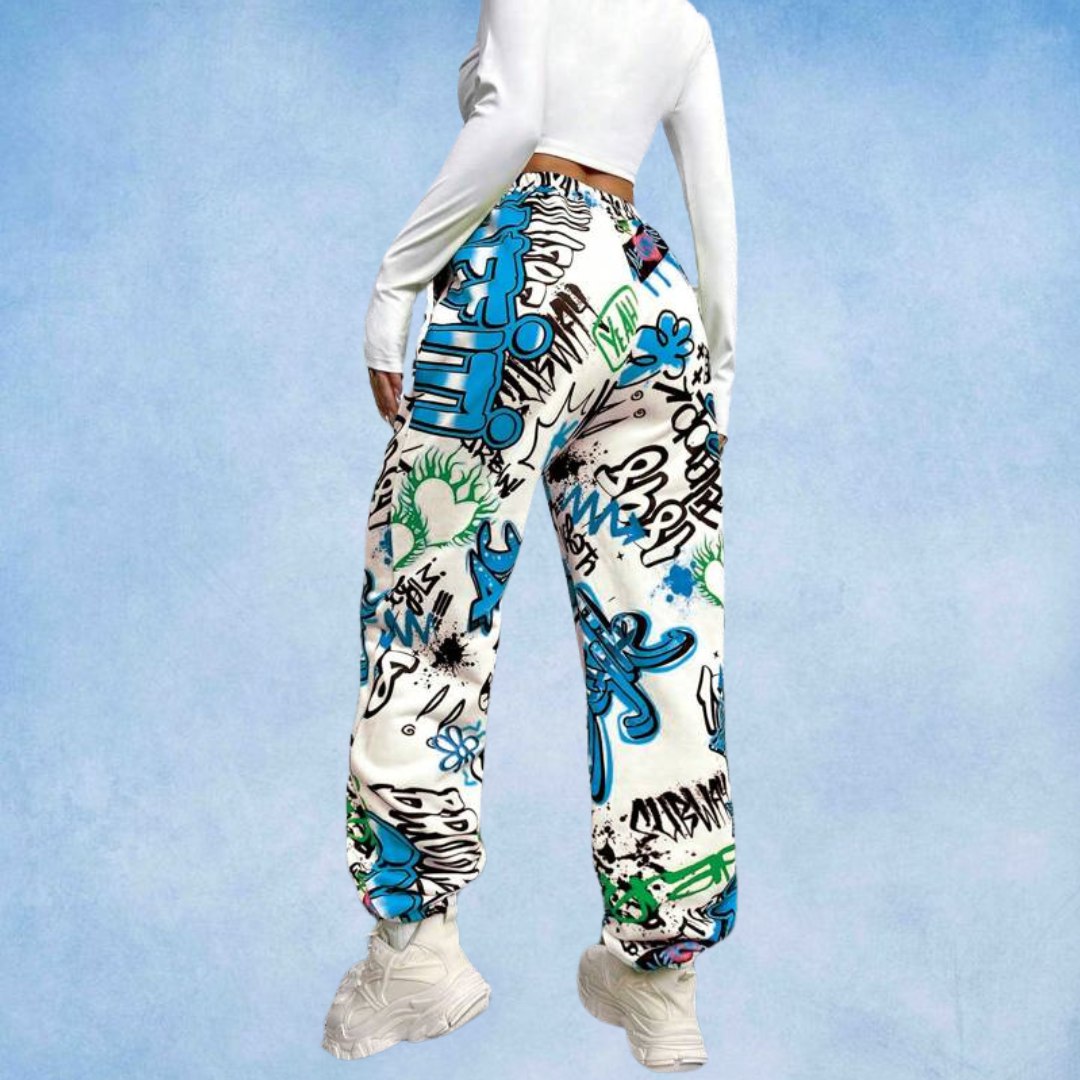Women’s Urban Graffiti Printed Jogger Pants | High Waist Street Style Trousers | Trendy Casual & Travel Wear Bottoms