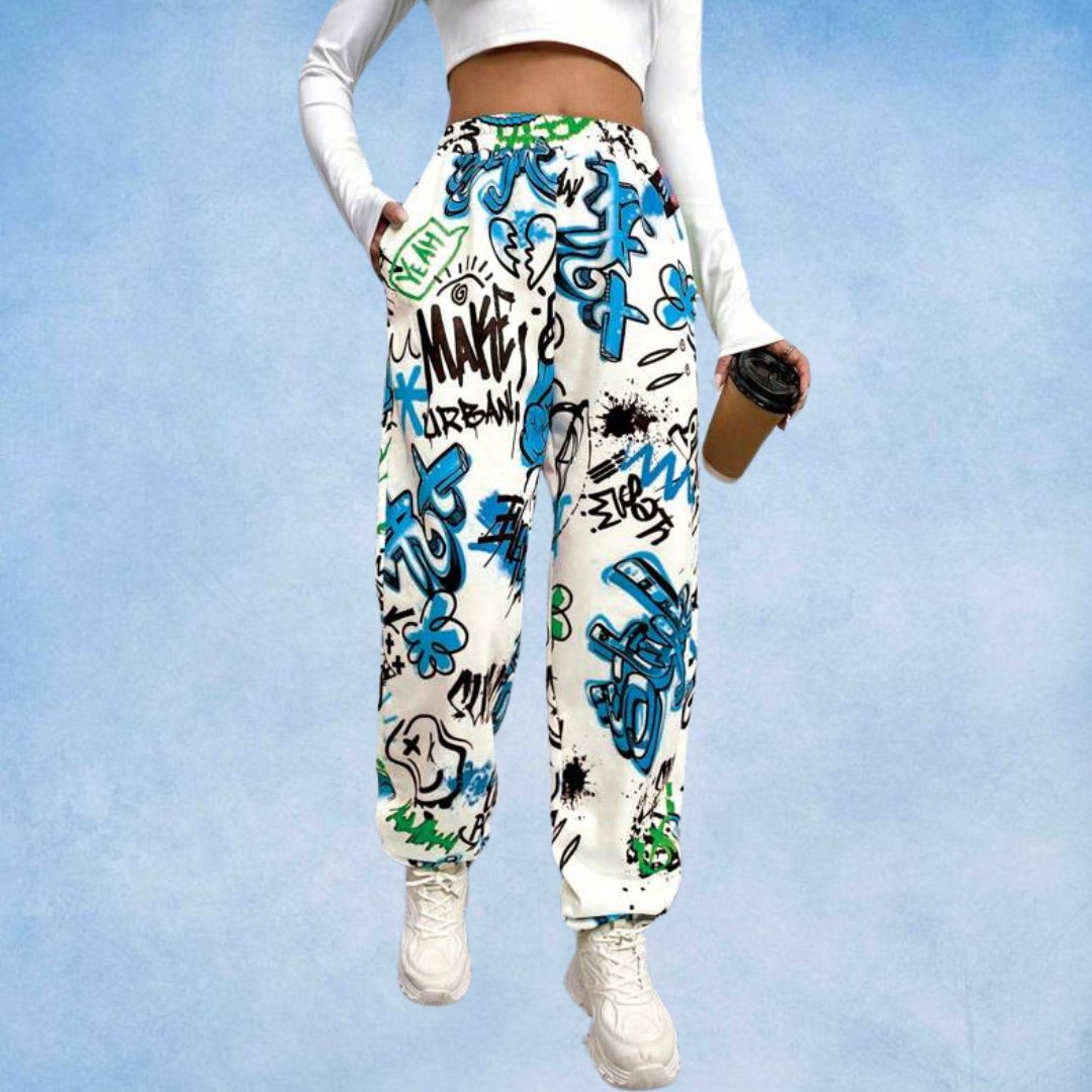 Women’s Urban Graffiti Printed Jogger Pants | High Waist Street Style Trousers | Trendy Casual & Travel Wear Bottoms