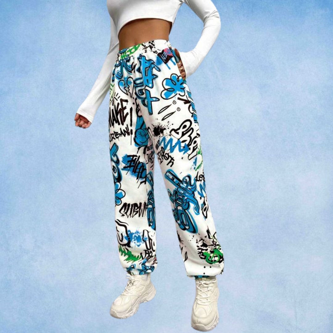 Women’s Urban Graffiti Printed Jogger Pants | High Waist Street Style Trousers | Trendy Casual & Travel Wear Bottoms