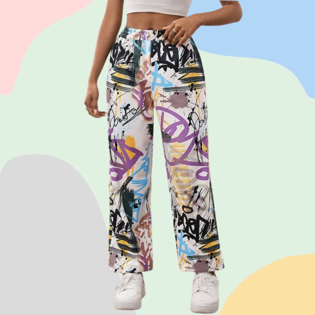 Women’s Trendy Multicolor Graffiti Printed Straight Fit Pants | High Waist Casual Street Style Trousers | Stylish Daily & Travel Wear